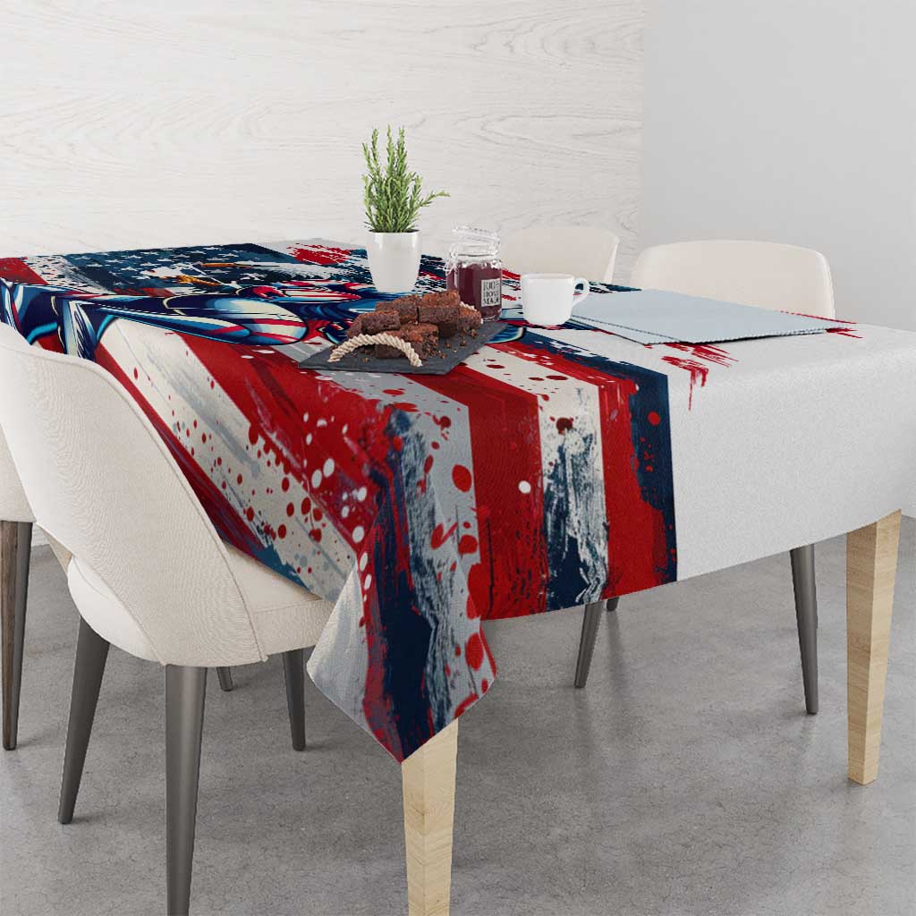 Rugby-themed tablecloth with red, blue, and white paint-splash design