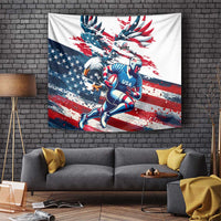 Wall tapestry featuring a blue rugby player running over red, white, and navy flag artwork