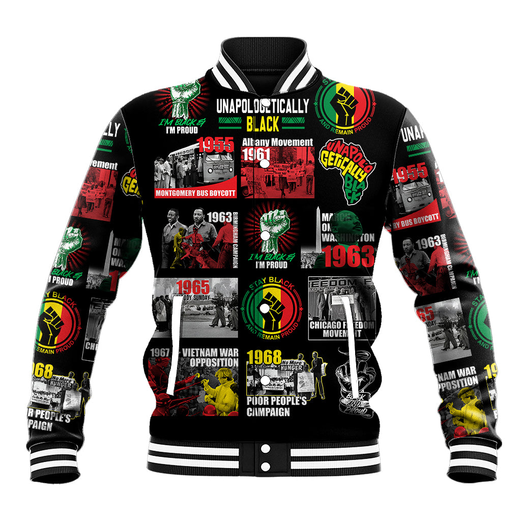 Black baseball jacket with white striped collar, cuffs, and full poster-style front/back art