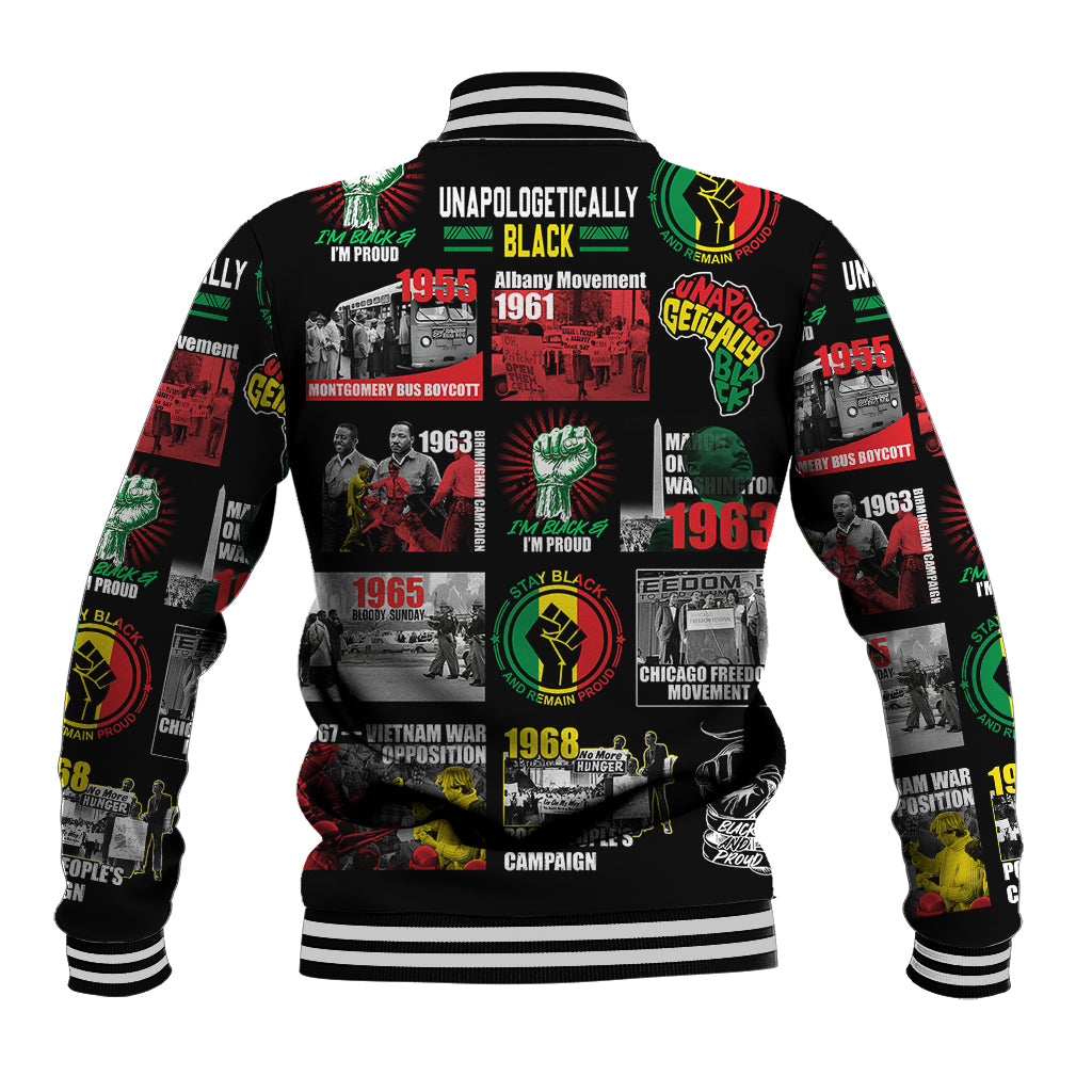 Black baseball jacket with white striped collar and bold civil-rights collage on back