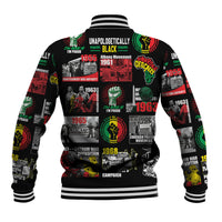 Black baseball jacket with white striped collar and bold civil-rights collage on back