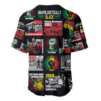 Black baseball jersey with multicolor poster art collage and printed slogans, short sleeves