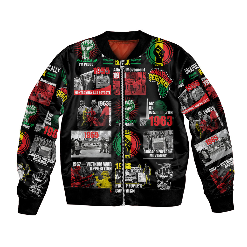 Black bomber jacket with colorful civil rights poster collage on front and sleeves