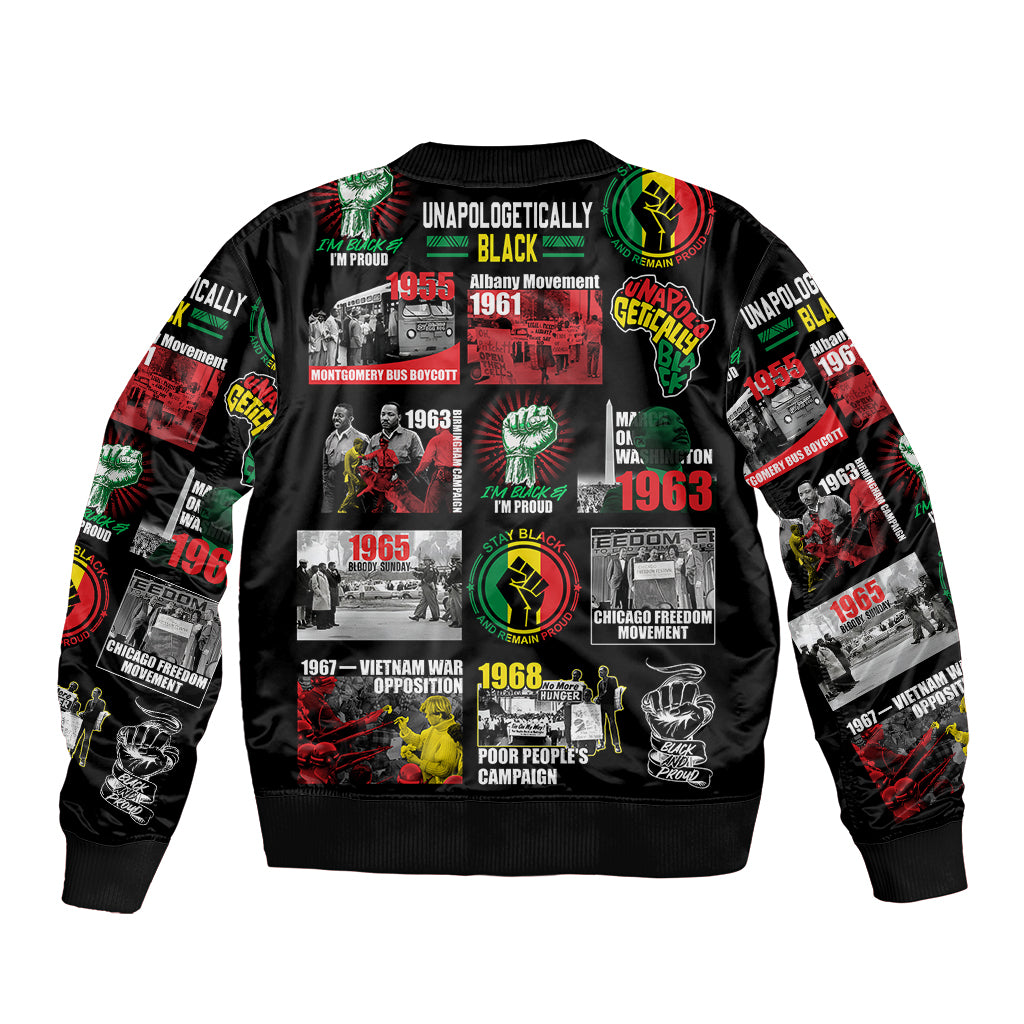 Black bomber jacket with centered civil rights poster collage and matching sleeve prints