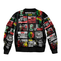 Black bomber jacket with centered civil rights poster collage and matching sleeve prints