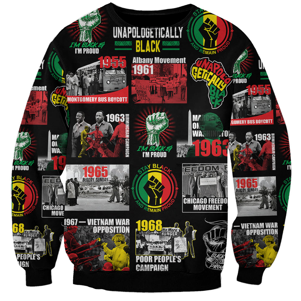 Unisex black sweatshirt with long sleeves and colorful civil rights poster collage graphic