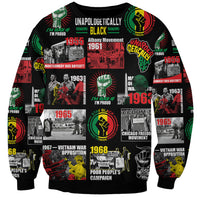 Unisex black sweatshirt with long sleeves and colorful civil rights poster collage graphic