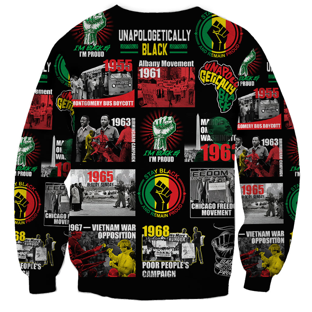 Unisex black long-sleeve sweatshirt featuring centered civil rights poster collage graphic