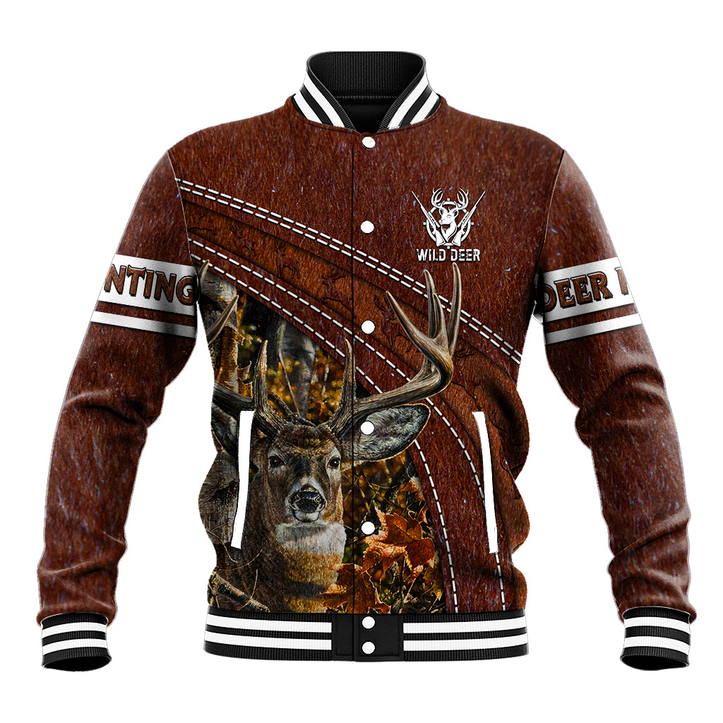 Brown deer hunting baseball jacket with varsity striped ribbed collar, snap buttons