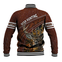 Brown deer hunting baseball jacket, back graphic with deer head and varsity striped ribs