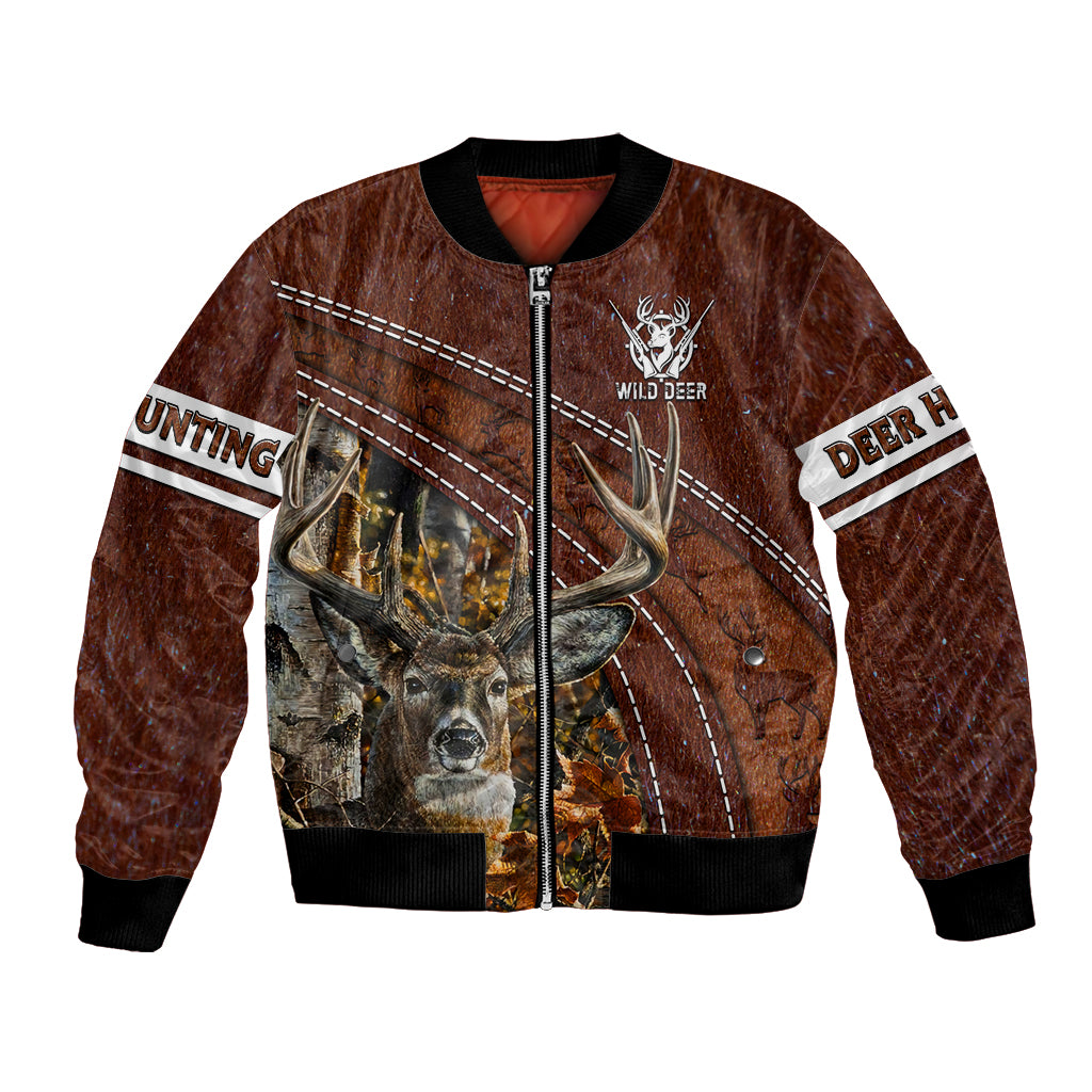 Brown bomber jacket with full-zip front and deer hunting graphic panel