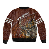 Brown bomber jacket with deer hunting back graphic and ribbed knit collar