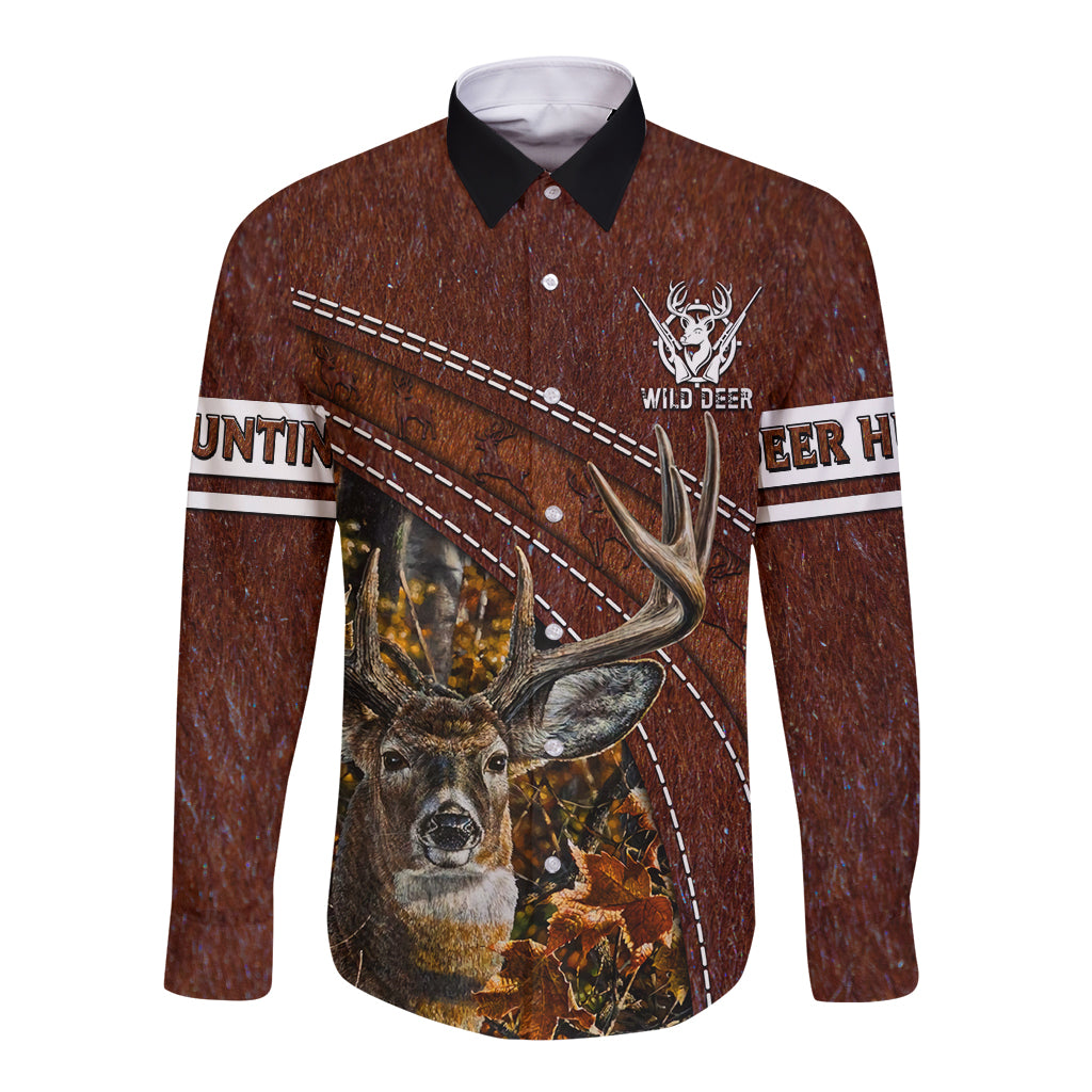 Brown long-sleeve button shirt with black collar and deer hunting graphic