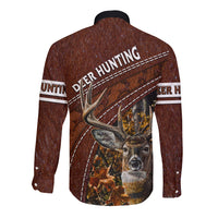 Brown long-sleeve button shirt, back shows deer graphic and hunting text