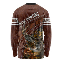 Brown long-sleeve hunting shirt with back deer graphic and antlers, crew neck