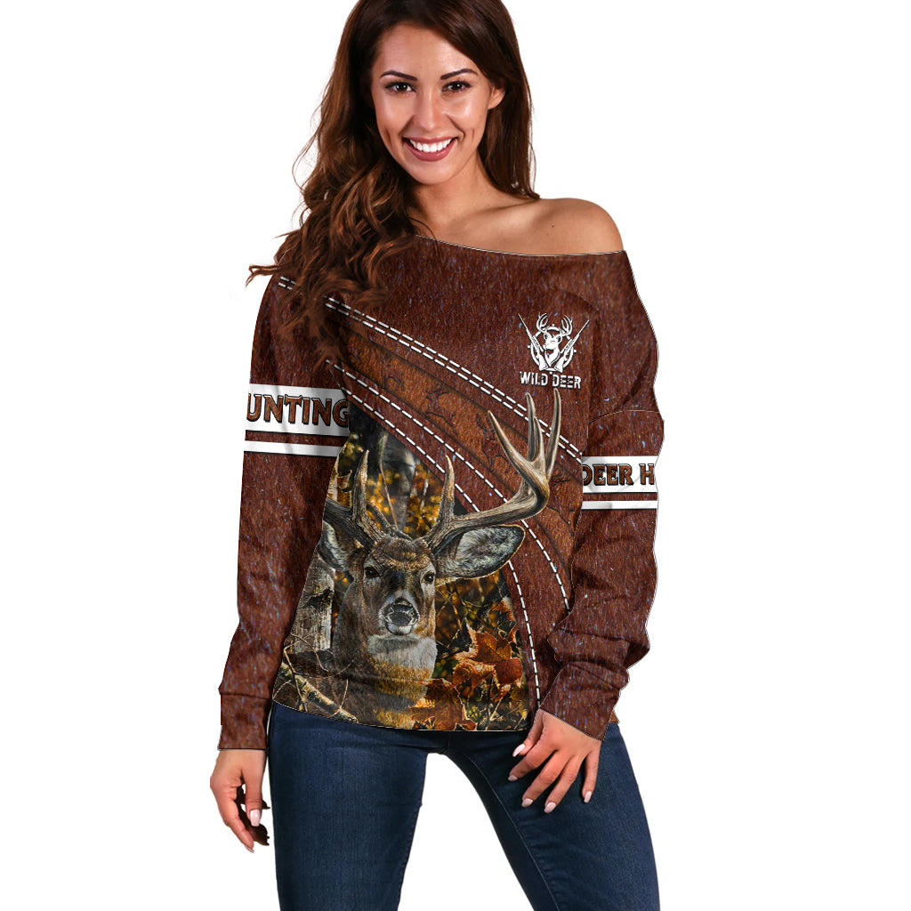 Deer Hunting Off Shoulder Sweater In The Forest Brown - Wonder Print Shop