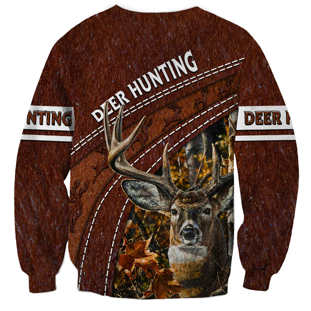 Brown sweatshirt with deer face graphic, antlers, and DEER HUNTING sleeve text