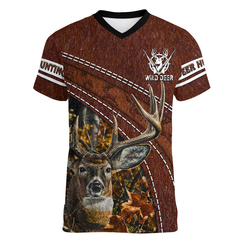 deer-hunting-women-v-neck-t-shirt-in-the-forest-brown