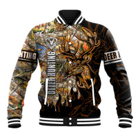 Unisex baseball jacket with camo deer graphic, button front, ribbed black collar