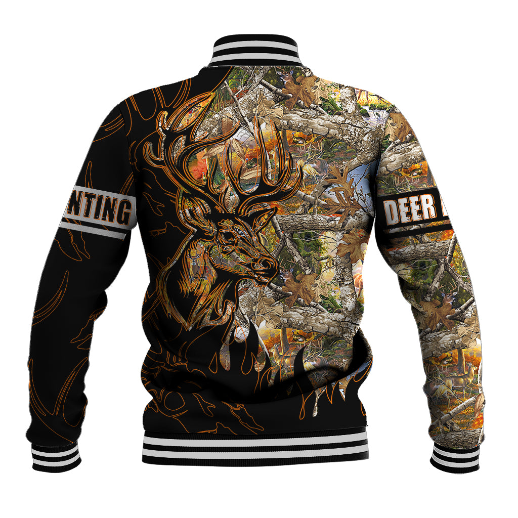 Unisex baseball jacket with large deer graphic, camo panels, ribbed striped cuffs