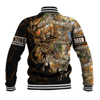 Unisex baseball jacket with large deer graphic, camo panels, ribbed striped cuffs