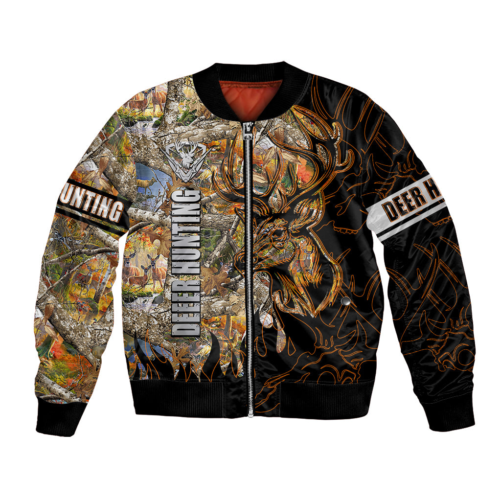 Black bomber jacket with deer and hunting graphic, ribbed cuffs and collar.
