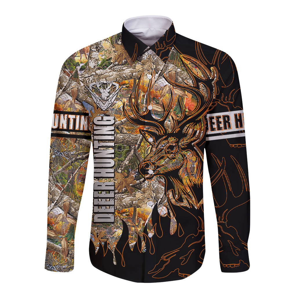 Long-sleeve button shirt with deer graphic, black and orange camo abstract print