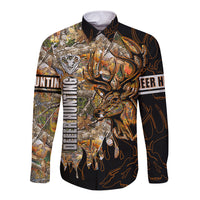 Long-sleeve button shirt with deer graphic, black and orange camo abstract print