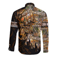 Long-sleeve button shirt with deer head graphic, black with camo landscape print