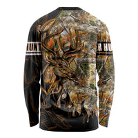 Long-sleeve hunting shirt for unisex, back view with deer art on dark camo