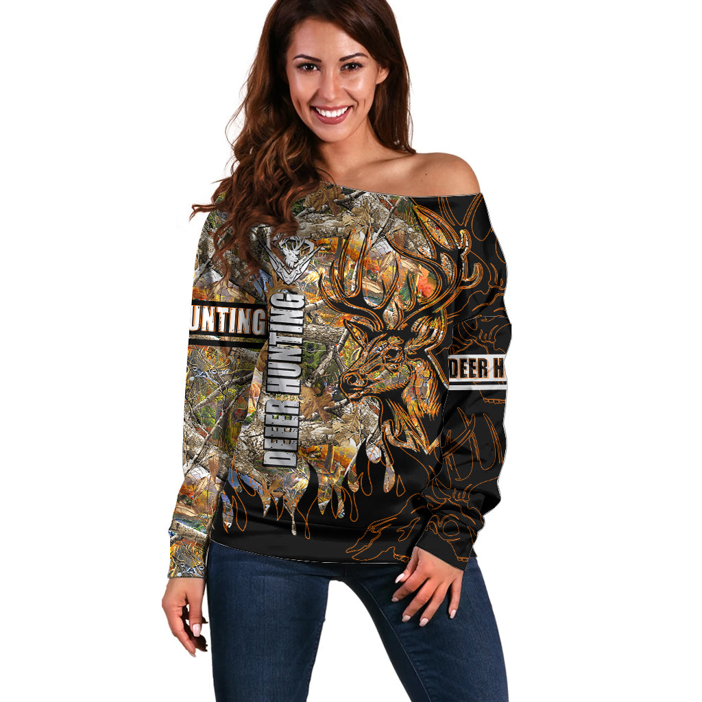 Deer Hunting Off Shoulder Sweater Autumn Forest - Wonder Print Shop