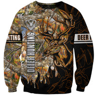 Unisex crewneck sweatshirt with black camo and large deer graphic, orange accents