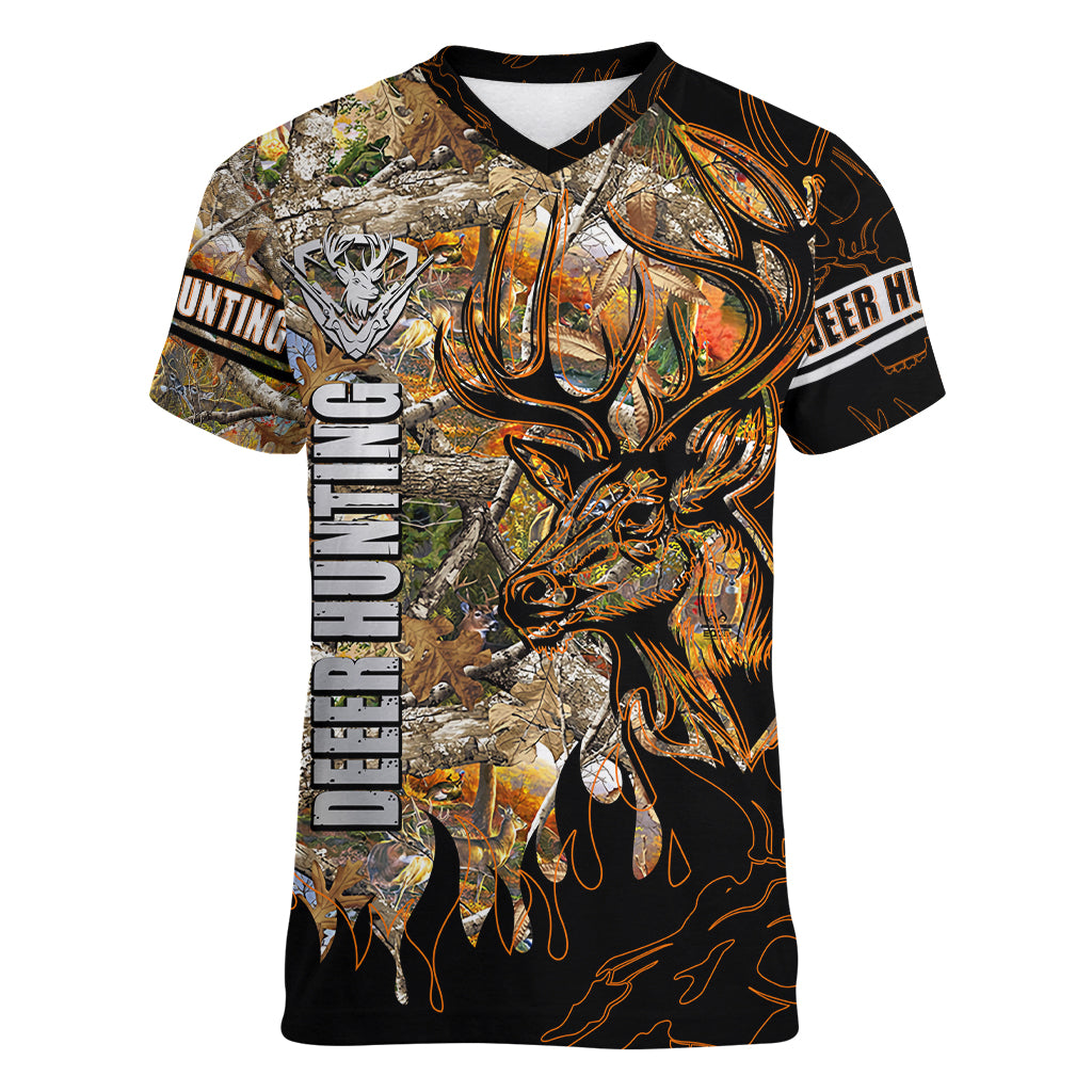 deer-hunting-women-v-neck-t-shirt-autumn-forest