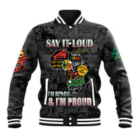 Black varsity baseball jacket with striped ribbed collar, button front, bold pride graphic
