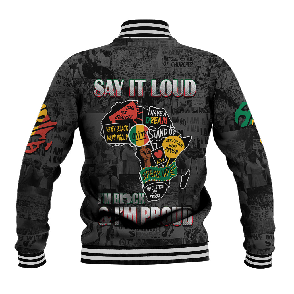 Black baseball jacket with striped ribbed collar and cuffs, back pride text and map graphic