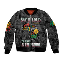 Black unisex bomber jacket with bold "I'M BLACK & I'M PROUD" graphic front