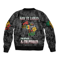 Black unisex bomber jacket with large "SAY IT LOUD" graphic and portraits on back