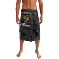 Black personalized lavalava skirt with bold pride graphic and text on front