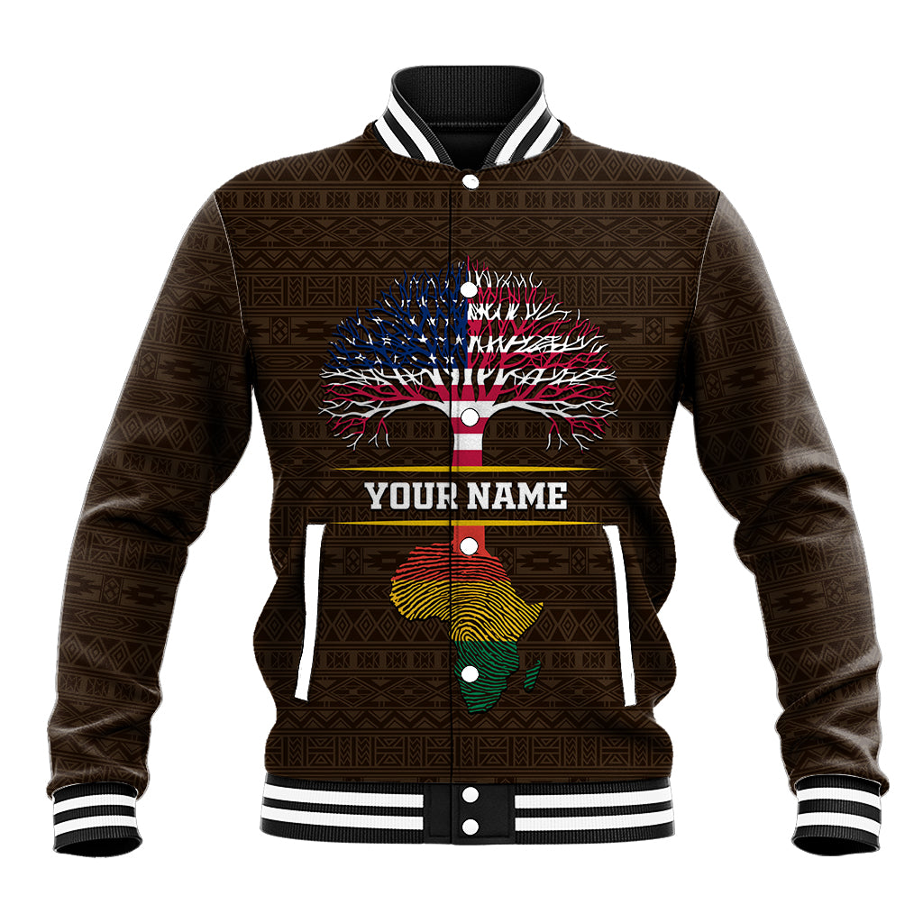 Brown baseball jacket with striped ribbed collar, button front, tree graphic and name text