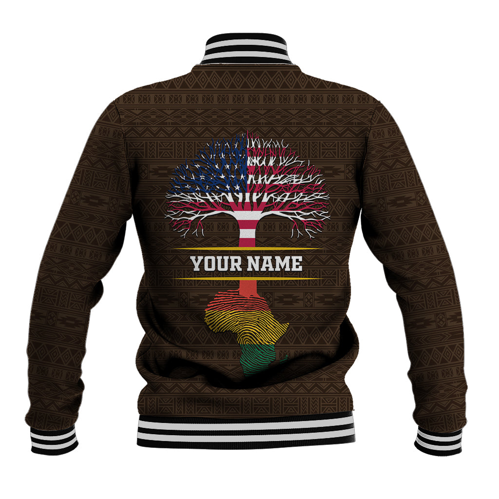Brown baseball jacket back with striped collar/cuffs, tree graphic, and YOUR NAME print