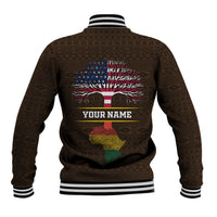 Brown baseball jacket back with striped collar/cuffs, tree graphic, and YOUR NAME print
