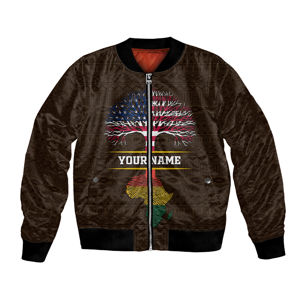 Personalized brown bomber jacket with zip front and colorful tree graphic, custom name