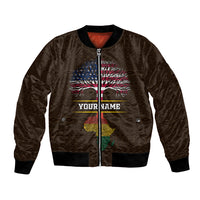 Personalized brown bomber jacket with zip front and colorful tree graphic, custom name