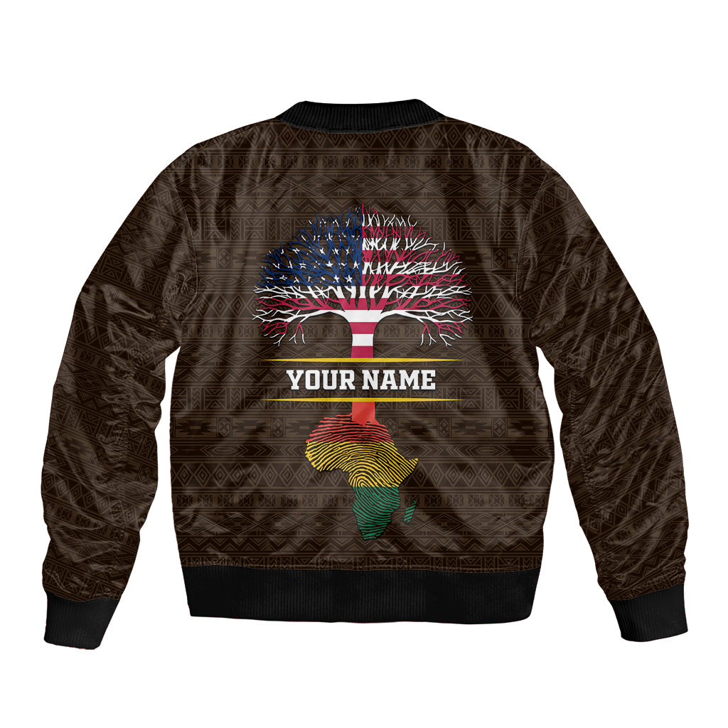 Personalized brown bomber jacket with colorful tree graphic and custom name on back