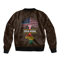 Personalized brown bomber jacket with colorful tree graphic and custom name on back