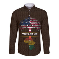 Brown long-sleeve button shirt with geometric pattern and colorful tree 'Your Name' print