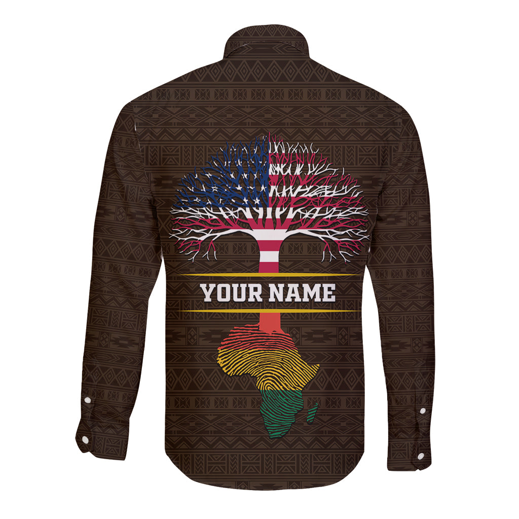 Brown long-sleeve button shirt with geometric pattern and back tree 'Your Name' print