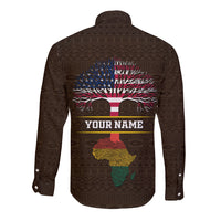 Brown long-sleeve button shirt with geometric pattern and back tree 'Your Name' print