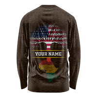 Brown long-sleeve shirt with geometric back pattern, tree graphic, and 'YOUR NAME'