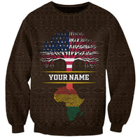 Brown unisex crewneck sweatshirt with patterned sleeves and colorful root tree flag graphic